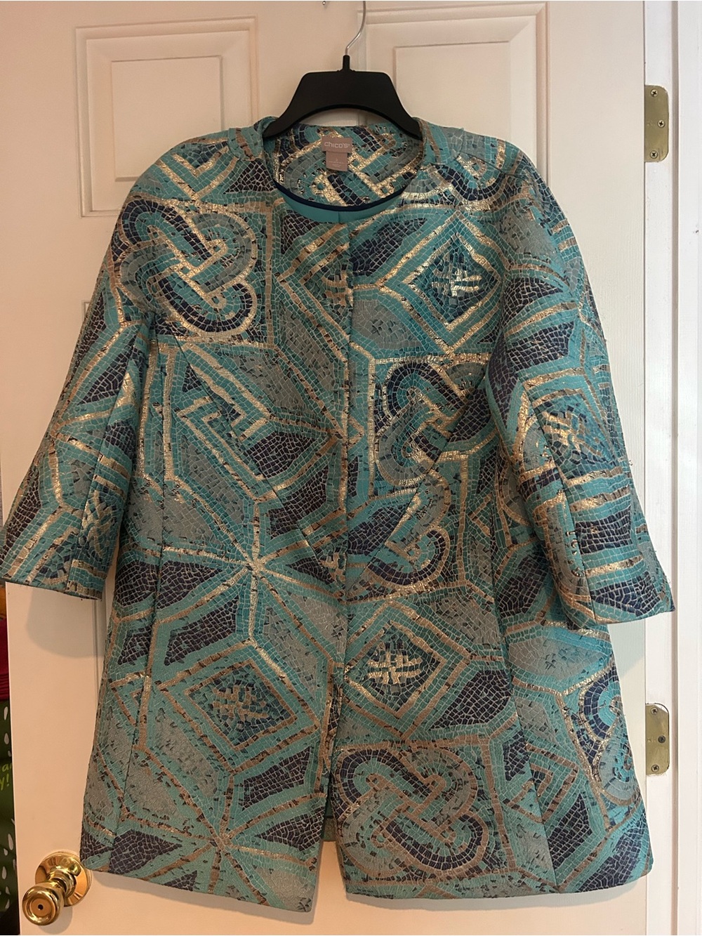 Chico’s Teal and Navy Metallic Brocade Cape Coat. Size 2.